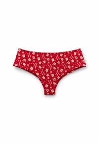 Red fabric bikini with festive printed patterns, including gingerbread cookies, stars, and snowflakes. Soft, stretchy, and seamless design.