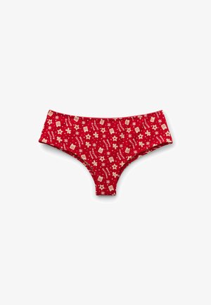 Roter Stoff-Bikini mit festlichen Mustern, darunter Lebkuchen, Sterne und Schneeflocken. Weiches, dehnbares und nahtloses Design.