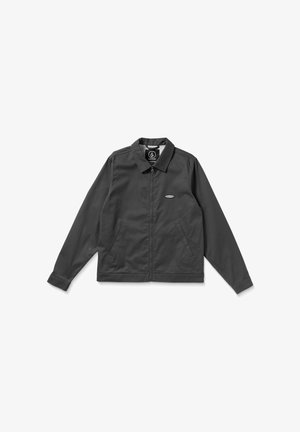 Gray, lightweight jacket with a collared neckline, two side pockets, zip closure, and a small logo on the chest. Smooth texture.