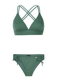 Zielony bikini w żeberkowy wzór, składający się z trójkątnego stanika z krzyżującymi się ramiączkami i regulowanymi majtkami z wiązaniem z boku. Gładki, teksturowany materiał.