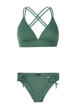 Zelený pruhovaný bikini set s trojúhelníkovým braletem a křížovými popruhy, přičemž spodek bikin má nastavitelné vazby na bocích. Hladká, texturovaná látka.