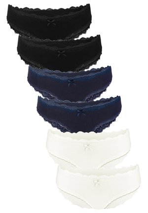 Set of five pairs of lingerie, featuring black, navy, and white fabric with lace trim and small bow accents at the front.
