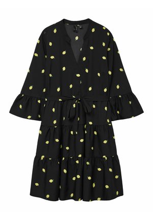 Melnas kleitas ar citrona rakstu, ar V veida kaklu, izsistiem piedurknēm, sasietu vidukli un slāņainām rufflemalām apakšmalā. Mīksta auduma tekstūra.