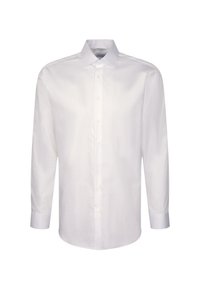 Witte langemouwen overhemd van gladde stof, met een klassieke kraag, knoopsluiting aan de voorkant en manchetten met één knoop. Geen patronen of accenten.