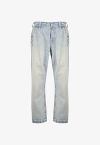 Vaqueros de denim azul claro con un corte relajado, que cuentan con cinco bolsillos, costuras visibles y un cierre de botón en la cintura.