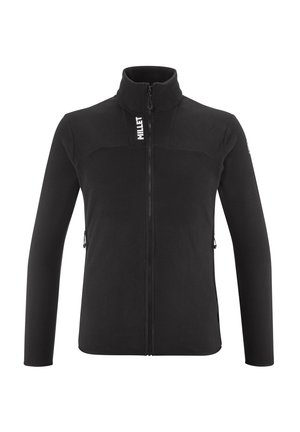 Black fleece jacket with high collar, full zip, side pockets, and "Millet" logo on the left shoulder. Smooth texture, fitted design.