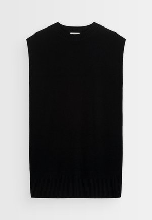 Zwarte mouwloze trui, gemaakt van zacht gebreid materiaal. Heeft een ronde halslijn en een geribbelde zoom voor een gestructureerde uitstraling.