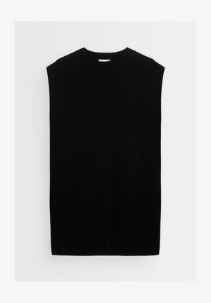 Zwarte mouwloze trui, gemaakt van zacht gebreid materiaal. Heeft een ronde halslijn en een geribbelde zoom voor een gestructureerde uitstraling.
