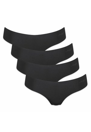 Vier schwarze nahtlose Hipster-Damenslips, gestaffelt auf weißem Hintergrund angeordnet.