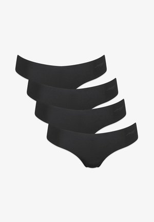 Quatre culottes noires sans couture style hipster pour femmes, disposées en pile décalée sur fond blanc.