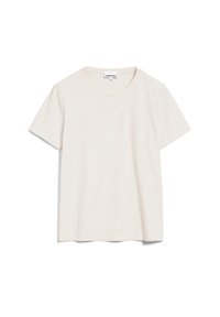 Kurzärmliges T-Shirt mit Rundhalsausschnitt aus weichem, leichtem Baumwollstoff in hellem Beige, mit einem kleinen Logo auf der Brust.