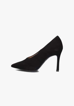 Schwarze Wildleder-Pumps mit hohen Absätzen, spitz zulaufender Vorderseite und elegantem Design. Sie verfügen über eine matte Oberfläche und einen schlanken Stiletto-Absatz.