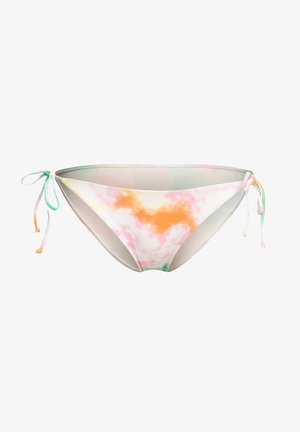 Bikini-bunn i en tie-dye mønster med rosa, oransje og grønne farger. Har mykt stoff, lav skjæring og justerbare sidesnører.