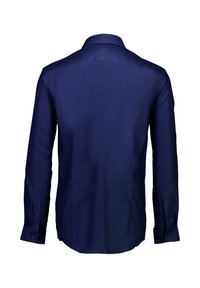 Marineblauwe shirt met een gladde textuur, lange mouwen en een kraag. Heeft knopen op de manchetten en een afgeronde zoom voor een aansluitende look.