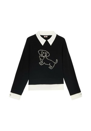 Pull noir à manches longues, col et poignets blancs ; présente un design de chien orné de strass sur le devant.