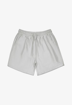 Calções de banho cinza claro com um cós elástico, cordão, dois bolsos laterais e um logótipo impresso no canto inferior direito.