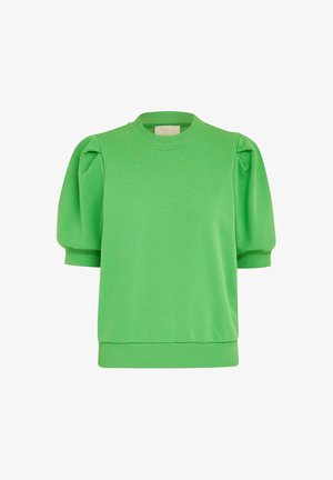 Sweat-shirt vert à manches courtes avec un col rond, présentant des manches bouffantes et des bords ribbed. Fabriqué en tissu doux et texturé.