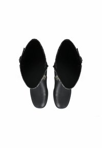 Stivali neri in pelle con finitura liscia, parte superiore aperta e fodera decorativa a motivi. Presentano una fibbia laterale e un design con punta arrotondata.