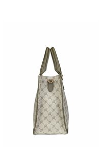 Håndtaske med tan mønster, olivengrønne læderdetaljer, dobbelthåndtag og en struktureret form. Har detaljer i guldfarvet metal.