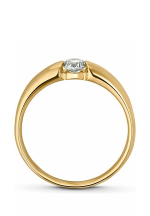 Goldring mit einem glatten Band und einem fassungsgefassten oval geschliffenen Diamanten, der oben in der Mitte auf weißem Hintergrund sitzt.