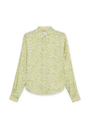 Langärmeliges Hemd zum Knöpfen mit spitzem Kragen, das ein hellgrünes Blumenmuster auf weißem Hintergrund zeigt.