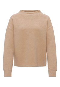 Beige gebreide pullover met een gestructureerd oppervlak, ronde halslijn, verlaagde schouders en lange mouwen. Verkorte lengte.