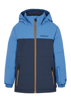 Giubbotto blu e blu navy con design imbottito, chiusura con zip, cappuccio regolabile e tasche laterali. Presenta accenti marroni in contrasto.