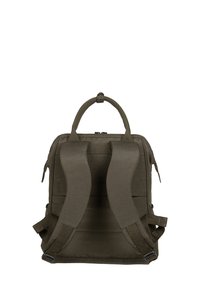 Zaino rettangolare verde scuro con spallacci imbottiti, maniglia superiore e pannello posteriore, mostrato da dietro su sfondo bianco.