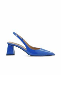 Zapato de charol azul con talón tipo slingback, punta afilada, tacón rectangular y laterales con cortes. Presenta una plantilla beige con la marca "BIANCO".