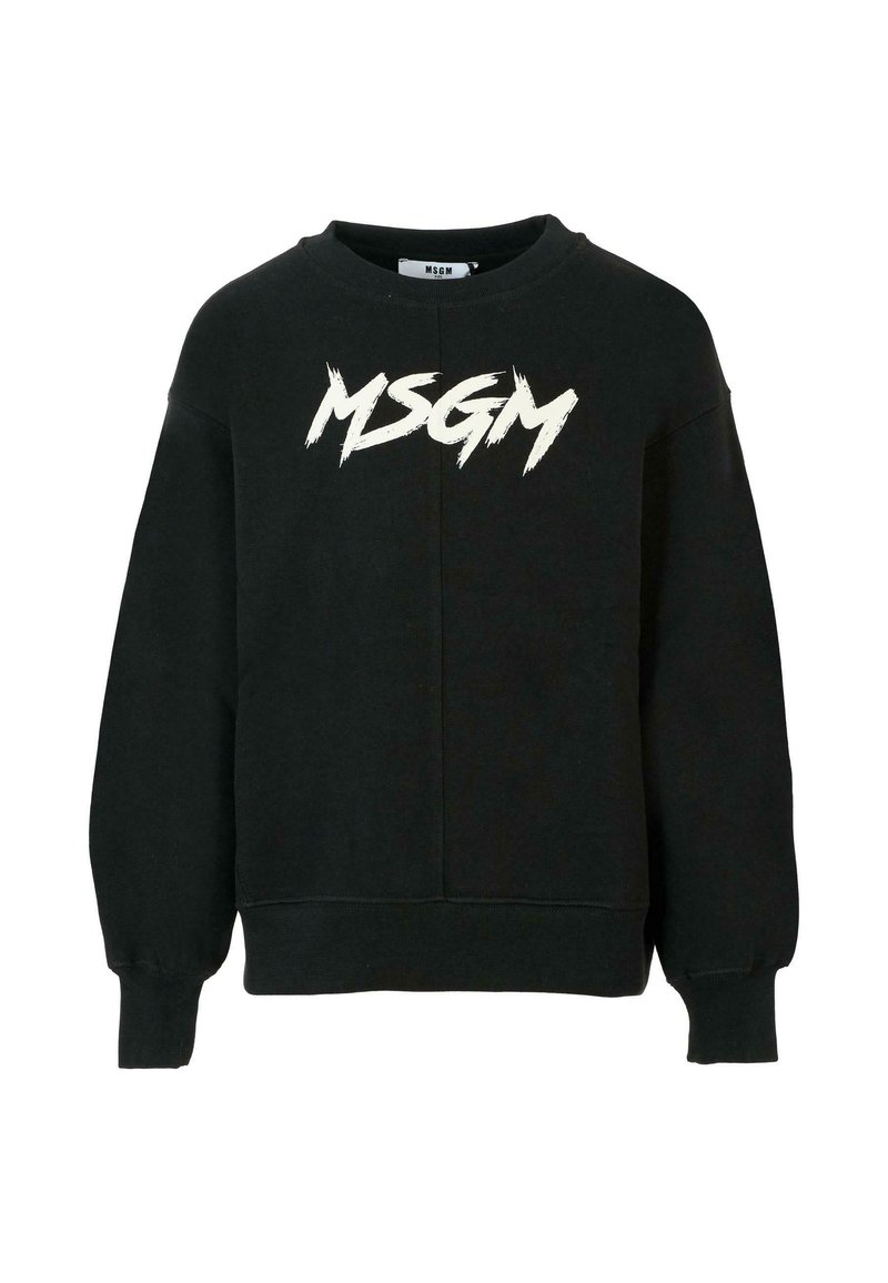 Czarna bluza z okrągłym dekoltem, długimi rękawami i wyraźnym białym logo "MSGM" w stylu pędzla na klatce piersiowej.