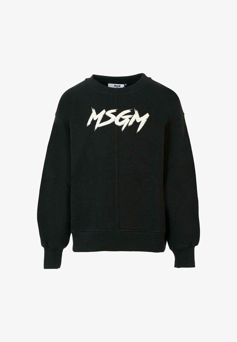 Czarna bluza z okrągłym dekoltem, długimi rękawami i wyraźnym białym logo "MSGM" w stylu pędzla na klatce piersiowej.