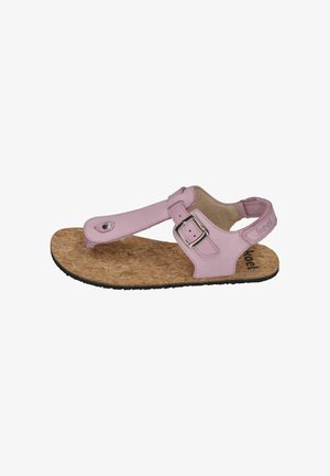 Rosa Leder-Sandale mit Korkfußbett, verstellbarem Schnallenriemen und Gummisohle. Einfaches Design mit Zehensteg für einen sicheren Halt.