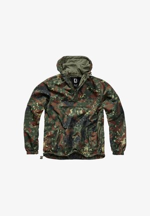Kámouflage mintás kapucnis dzseki elöl cipzáras zsebekkel, félcipzáras záródással és rugalmas mandzsettával, kültéri viseletre tervezve.