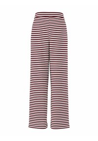 Spodnie o szerokich nogawkach w bordowo-biały pasiasty wzór, wykonane z prążkowanej tkaniny. Posiadają wysoki pas dla lepszego dopasowania.