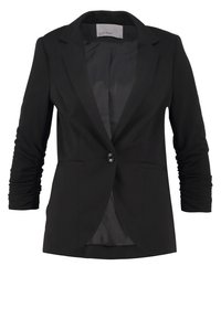 Czarna marynarka na jedno zapięcie na guzik, z klapami z wycięciem, marszczonymi długimi rękawami i dwoma przednimi kieszeniami. Gładki materiał o dopasowanym kroju.