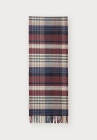 Wool plaid scarf featuring a red, navy, and beige color scheme. Edges are finished with fringes. Rectangular shape with a soft texture.