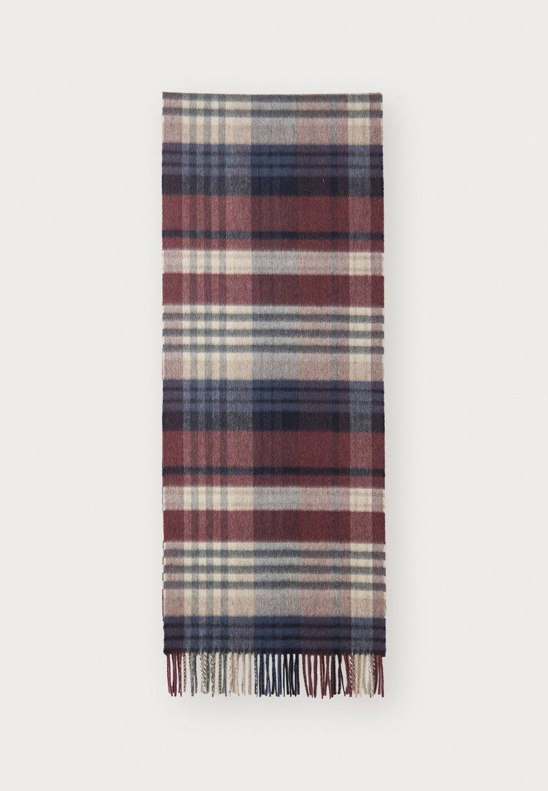 Wool plaid scarf featuring a red, navy, and beige color scheme. Edges are finished with fringes. Rectangular shape with a soft texture.