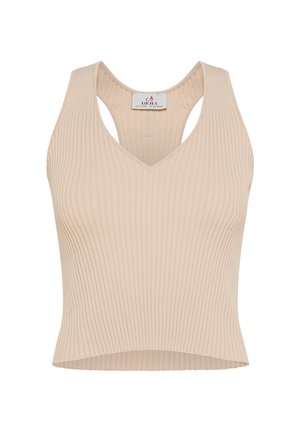 Canotta beige a coste con scollatura a V e maniche ampie. Il tessuto presenta righe verticali e una silhouette aderente.