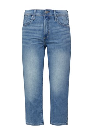 Šviesiai mėlynos džinsinės capri kelnės su vidutiniu juosmeniu, penkiais kišenėmis ir tiesiais kojų kirpimais. Savybėms priskiriama mygtuko užsegimas ir švelniai išblukusi tekstūra.