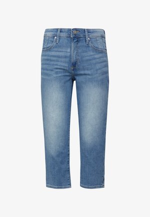 Lichtblauwe denim capri-jeans met een middelhoge taille, vijf zakken en een recht gesneden ontwerp. Heeft een knoopsluiting en een subtiele vervaagde textuur.
