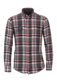 Heren langgemouwen geruit overhemd met grijze, marineblauwe en rode kleuren, gemaakt van katoen, met een button-down kraag en een borstzak met logo.