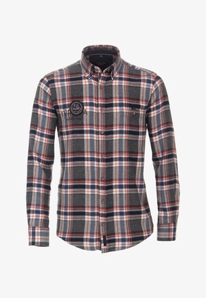 Camicia a maniche lunghe a quadri da uomo con colori grigio, blu navy e rosso, realizzata in cotone, colletto button-down e taschino sul petto con logo.