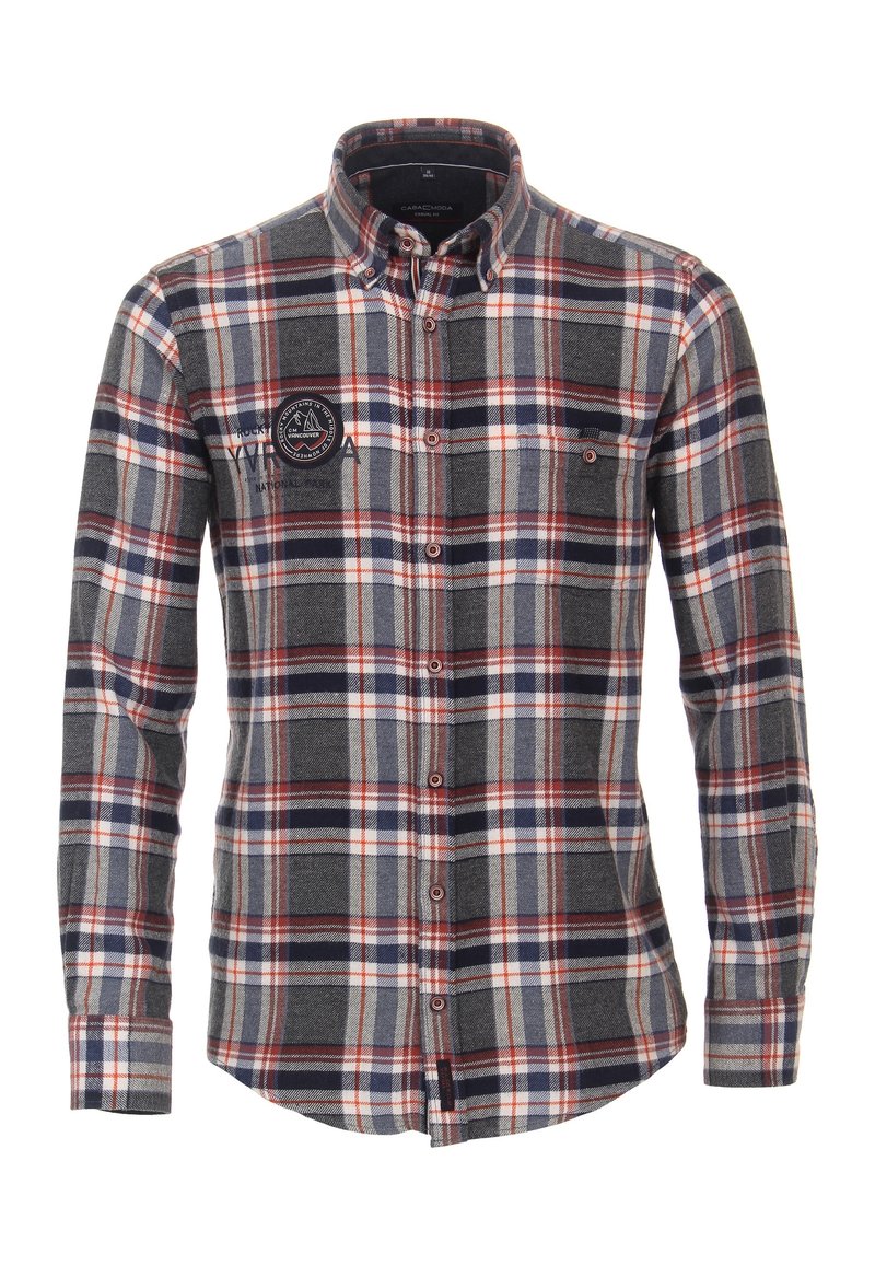 Heren langgemouwen geruit overhemd met grijze, marineblauwe en rode kleuren, gemaakt van katoen, met een button-down kraag en een borstzak met logo.