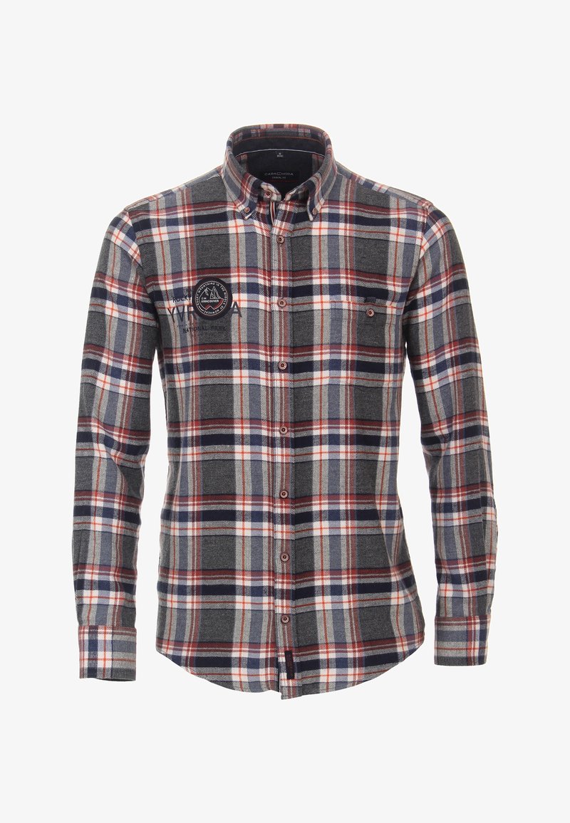 Heren langgemouwen geruit overhemd met grijze, marineblauwe en rode kleuren, gemaakt van katoen, met een button-down kraag en een borstzak met logo.