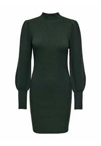 Robe en tricot côtelé vert foncé avec col montant, manches longues bouffantes et silhouette ajustée.