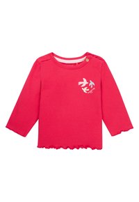 Rotes Langarm-T-Shirt aus Baumwolle. Mit abgerundetem Saum und einem Grafikdruck von Vögeln auf der Brust. Knopfdetail an der Schulter.