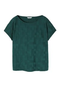 Top de manga corta en color verde azulado hecho de tela texturizada, con un patrón cuadrado y un escote ancho y redondeado. Corte holgado y dobladillo recto.