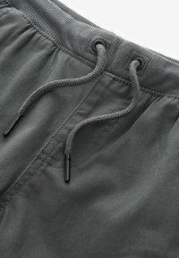 Shorts de bain gris avec taille élastique, cordon de serrage ajustable et texture de tissu lisse avec une finition mate.
