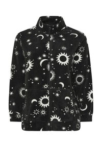 Musta fleecetakki, jossa on korkea kaulus, vetoketjusuljin ja valkoiset kuviot auringosta, kuusta ja tähdistä. Mukana myös kaksi etutaskua.