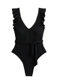 Czarny jednoczęściowy strój kąpielowy z falbaniastymi ramiączkami, głębokim dekoltem w serek, teksturowanym materiałem i wiązanym paskiem w talii. Posiada dekoracyjne szwy.